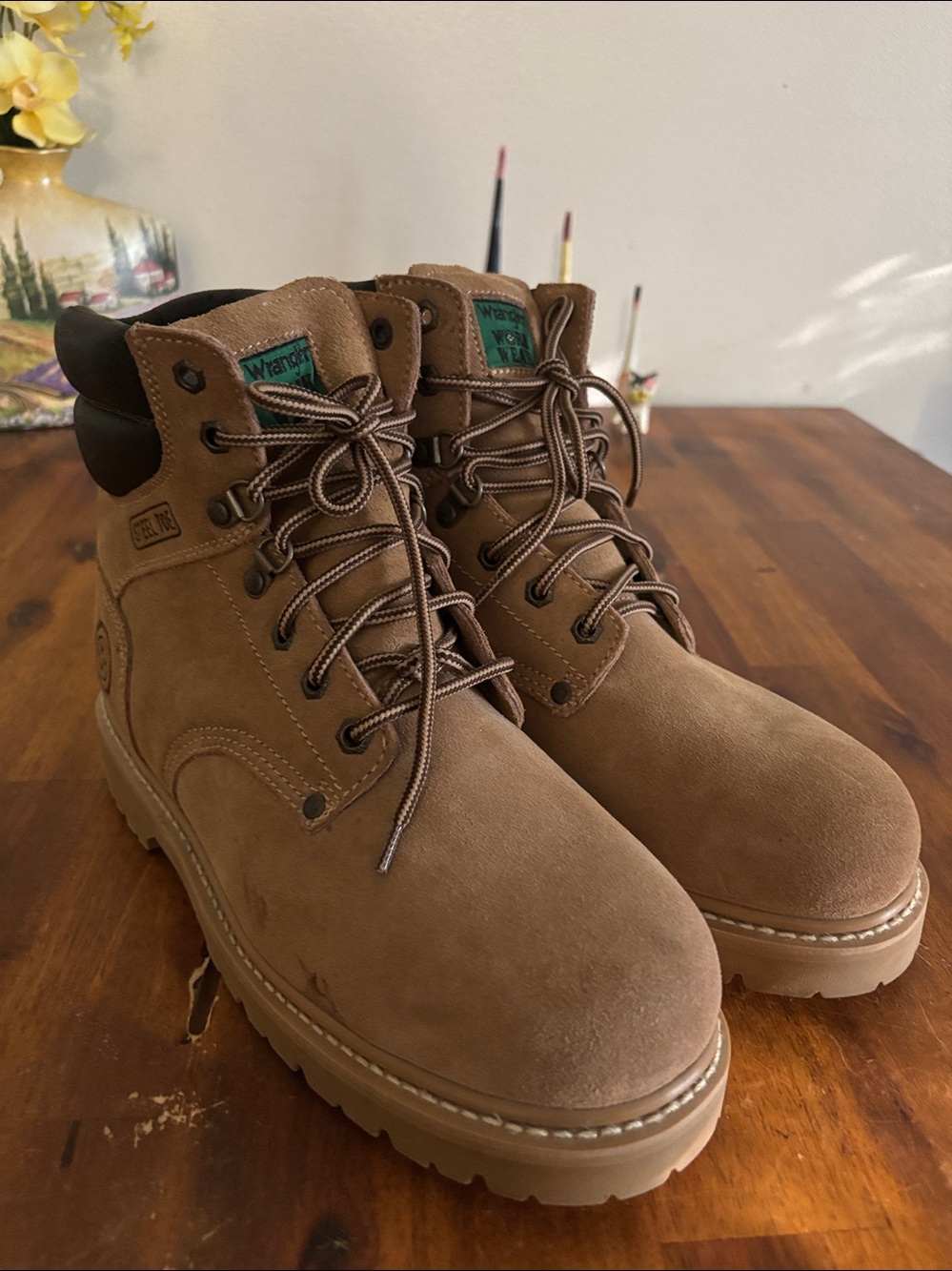 Wrangler Workwear Men Tan Suede 6" Steel Toe 10W  Lace Up Utility Like New Boots
